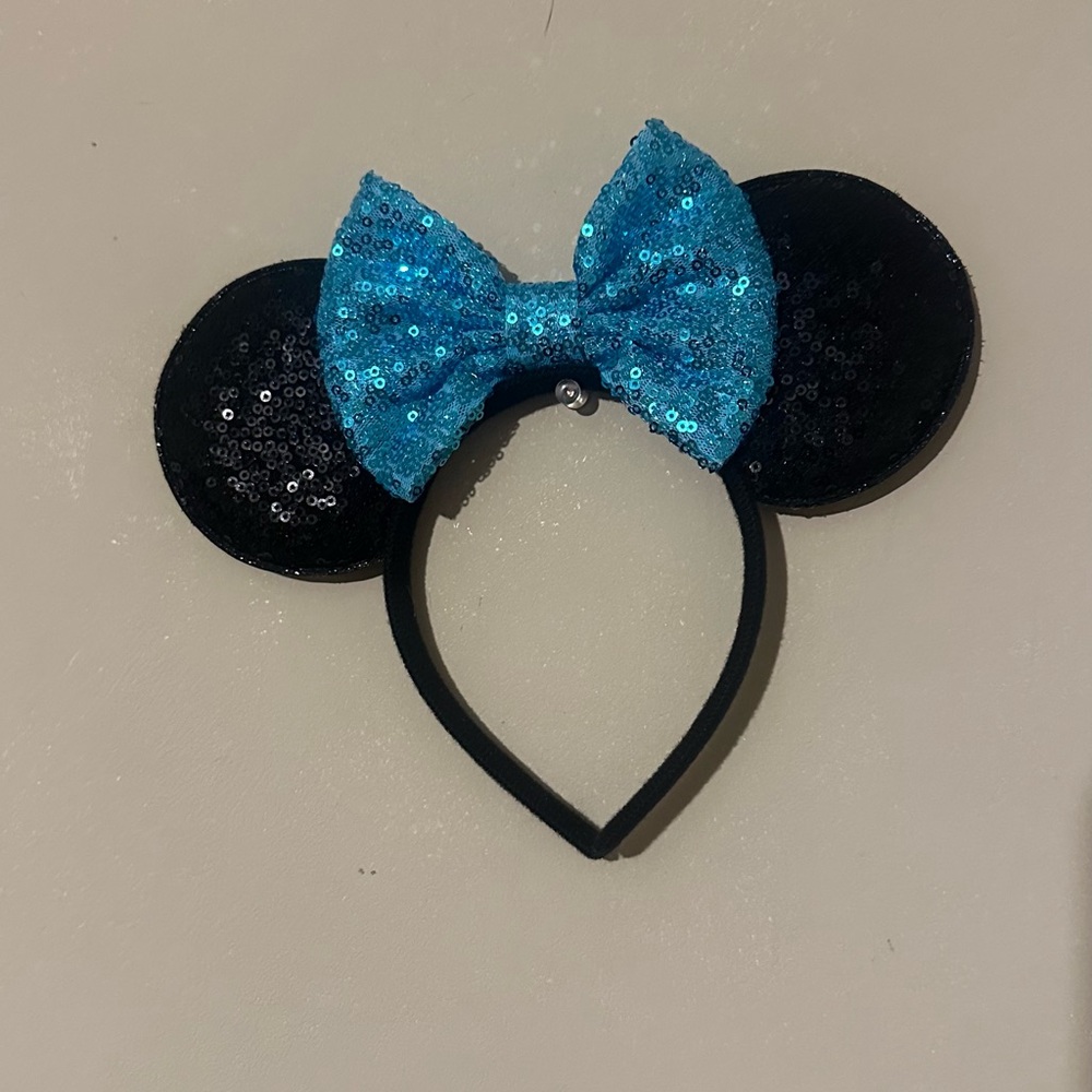 Sequin Mouse Ears Headband with Blue Bow